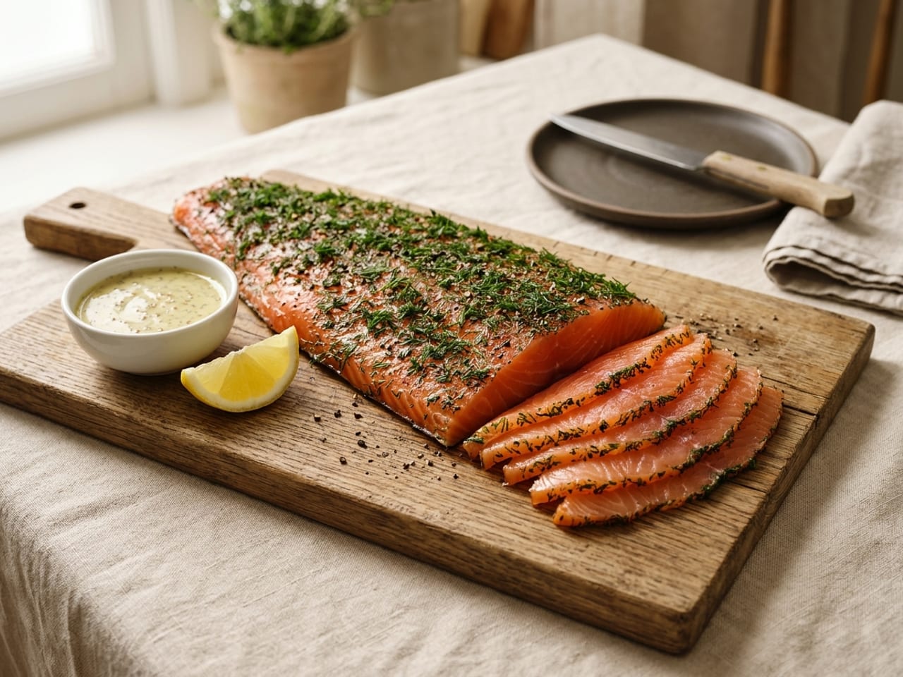 A side of gravlax on a wooden board, its top covered in chopped dill, with thin slices cut on a sharp diagonal and fanned beside it, a small bowl of pale yellow mustard and dill sauce and a lemon wedge