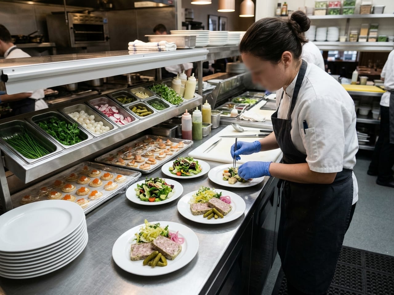 A restaurant garde manger station mid-service: a cook in a white jacket, dark apron and blue gloves plating cold first courses on a long stainless-steel counter, a stack of chilled white plates at one end, composed salads and plated slices of terrine ready on the pass, sheet trays of canapés beside the counter, small steel pans of prepared garnish in a refrigerated rail