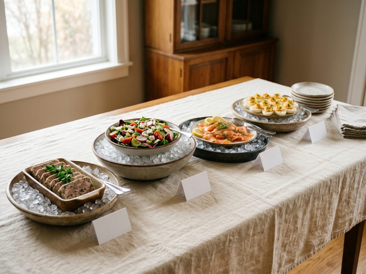 A cold table set for a party at home: sliced terrine in a rectangular dish, a bowl of salad, smoked salmon and devilled eggs, each set inside a larger bowl or tray of crushed ice, a small blank card in front of each dish, a serving spoon on each dish and a stack of small plates and napkins at one end
