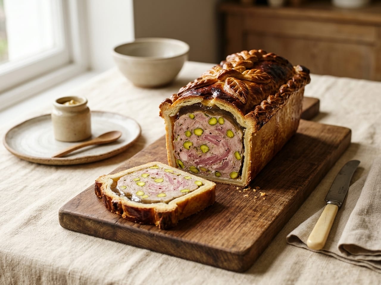 A pâté en croûte on a wooden board, one end cut to show the layers: golden decorated pastry crust, a thin clear band of aspic under the lid, and a pink forcemeat studded with pistachios and strips of ham, one neat slice lying in front of the loaf