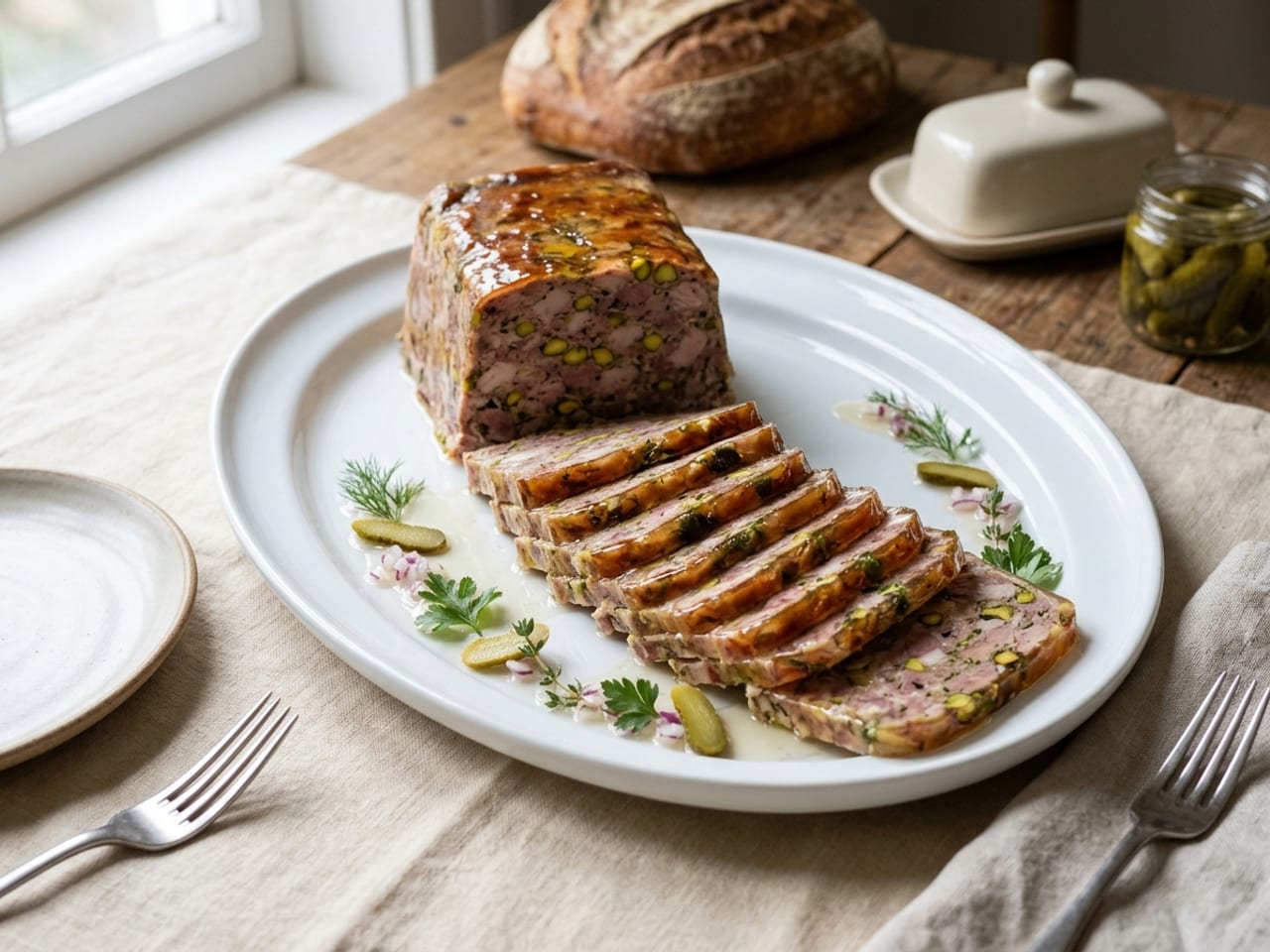A classic cold buffet platter glazed with clear aspic: an uncut end of a terrine set at the back as the centrepiece, even slices shingled out from it in a gentle curve toward the front, small garnishes along the line, the whole platter in frame