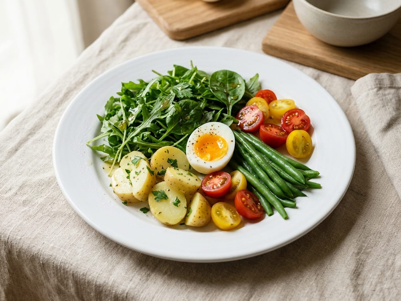 A composed salad on a white plate: neat groups of green leaves, sliced cooked potato, halved soft-boiled egg, green beans and cherry tomatoes, lightly dressed, nothing pooling on the plate