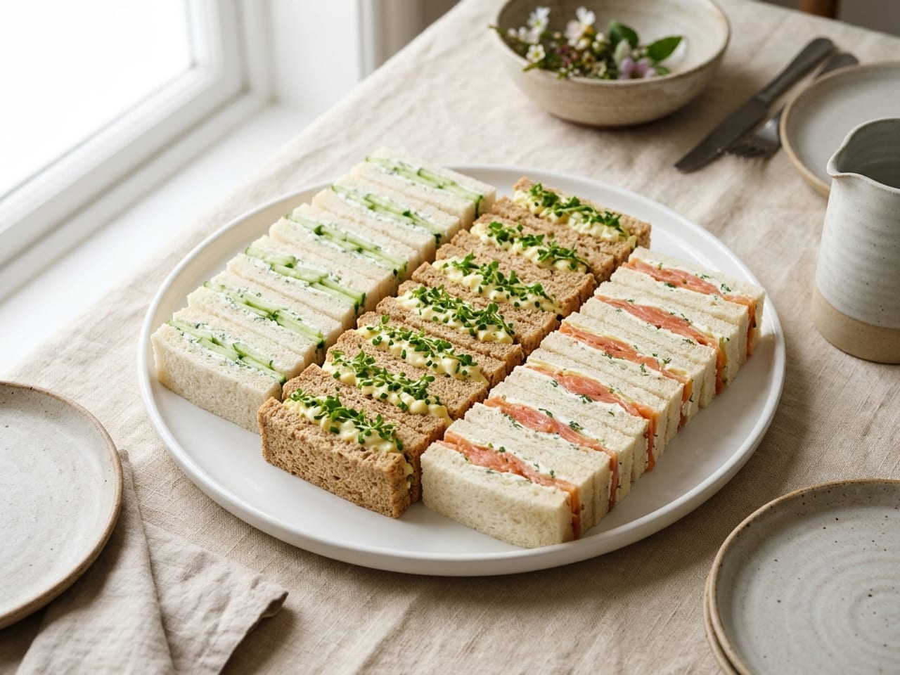 Small crustless finger sandwiches on a white platter in neat rows: cucumber, egg and cress, and smoked salmon, the thin white and brown bread cut into finger rectangles