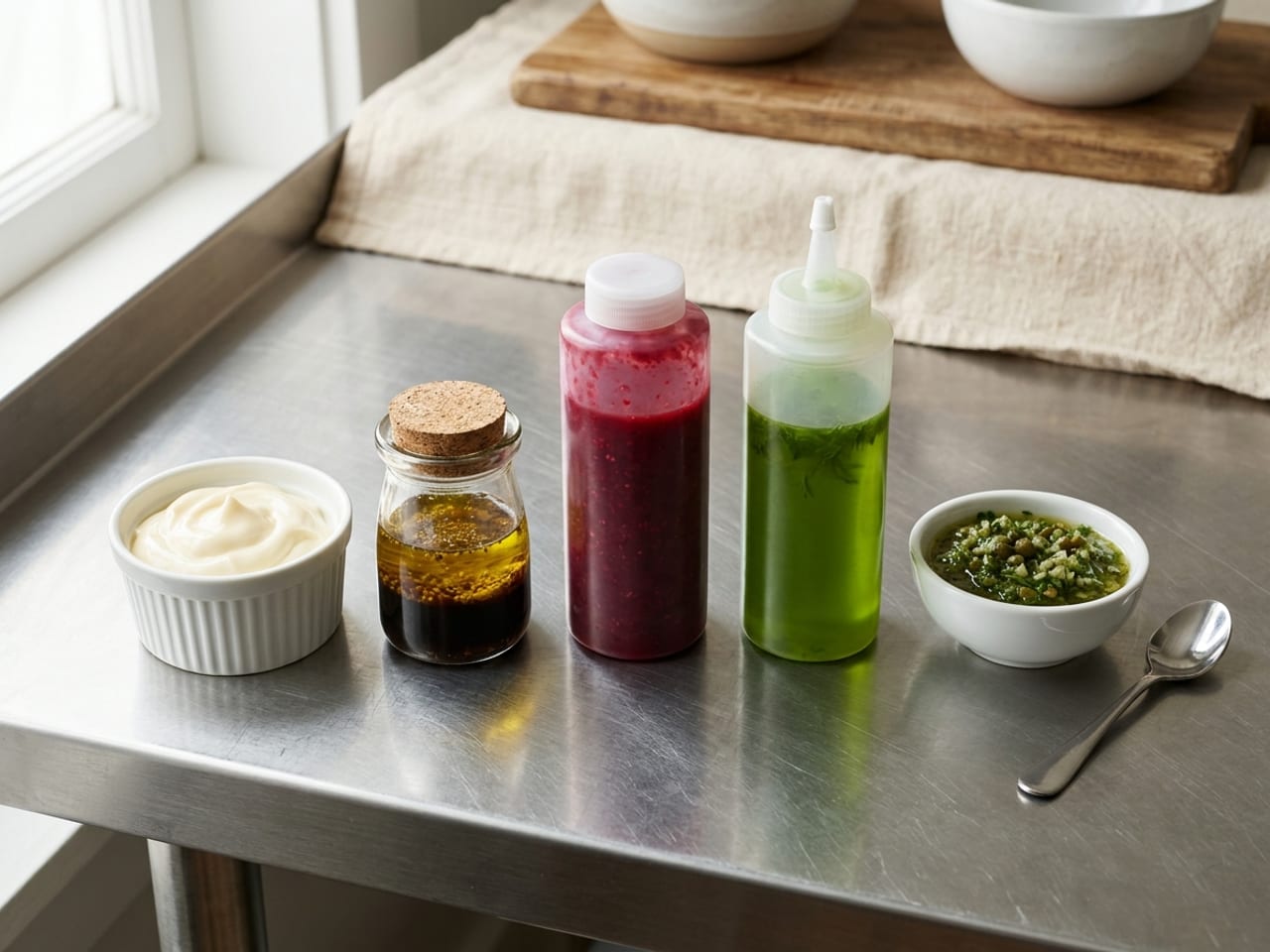 Cold sauces on a steel counter: a white ramekin of thick mayonnaise, a glass jar of vinaigrette with oil and vinegar settled in layers, plastic squeeze bottles of red berry coulis and green herb oil, and a small bowl of salsa verde