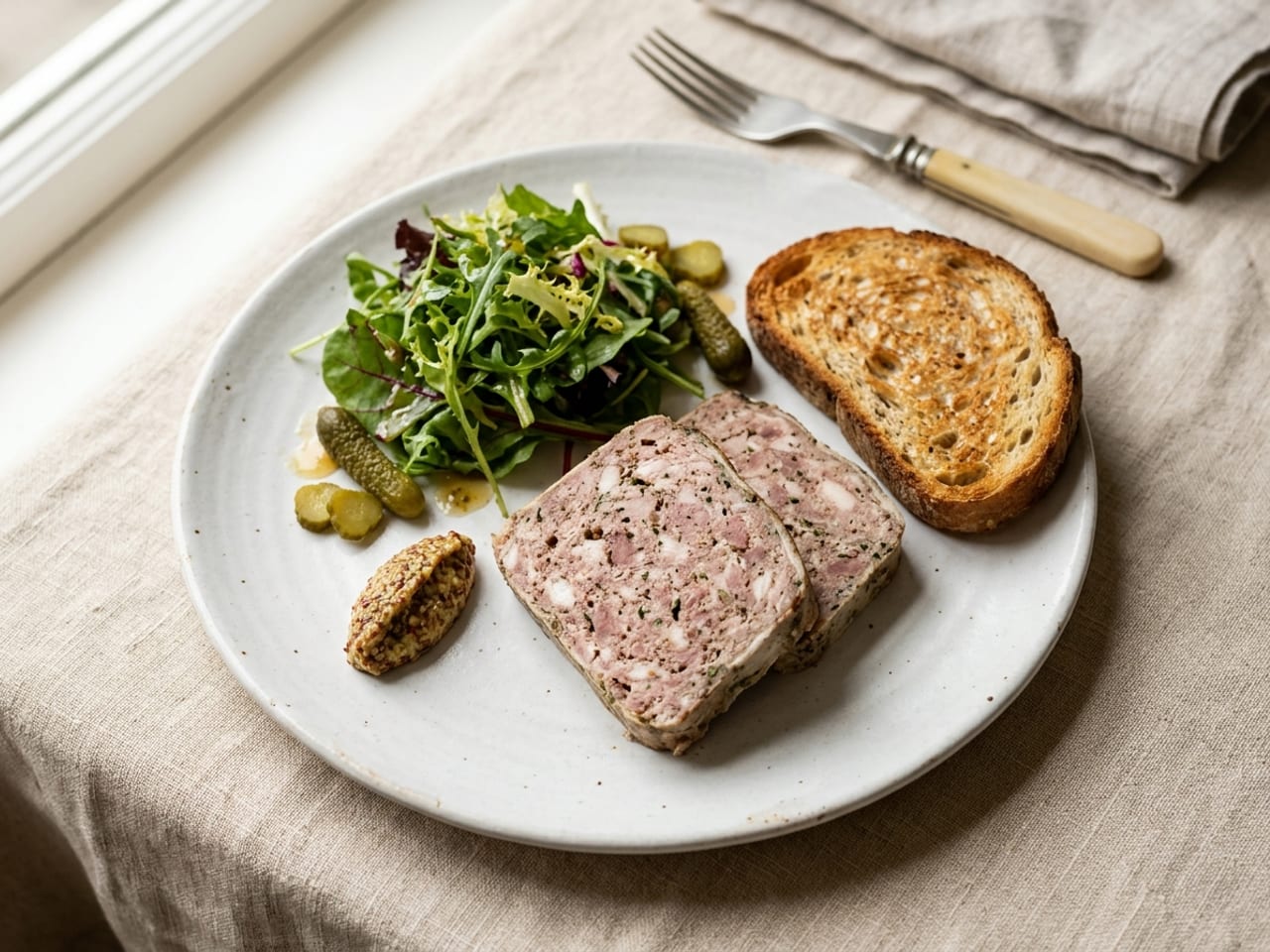 Two slices of country terrine on a white plate, cut clean with smooth faces and laid best side up, slightly overlapping, with a small mound of dressed salad leaves, a few cornichons and a spoonful of grainy mustard and a slice of toast beside them