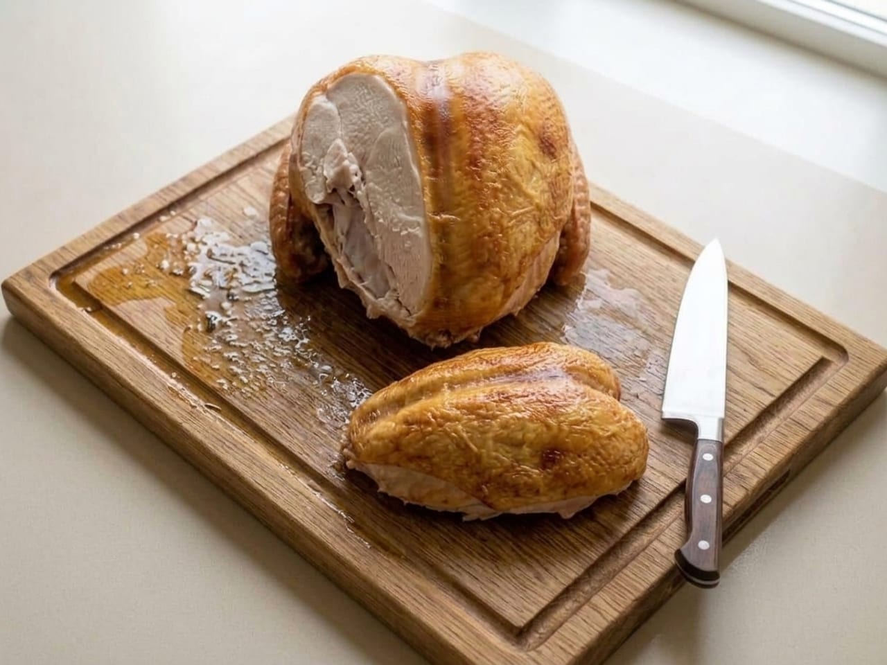The same roast turkey on the same wooden board with one whole breast half removed in a single piece: the breast half lies skin side up on the board in front, its golden skin intact; that side of the carcass shows pale, fully cooked cut meat and bone, the other breast half is still attached under its skin, and the chef's knife lies on the board