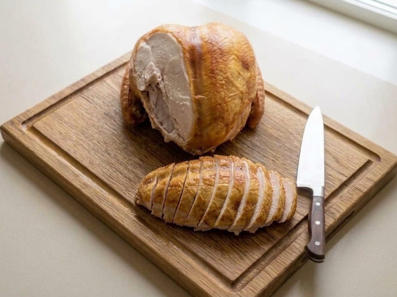 The same board and carcass, with the removed breast half now cut crosswise into slices that still lie together in the shape of the breast, golden skin on each slice, the cut edges white and fully cooked, the chef's knife lying beside the slices
