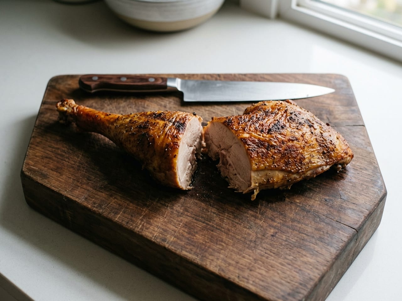 One roast turkey leg quarter on a dark wooden board, cut in two at the knee joint: a whole drumstick on the left and a whole thigh on the right with a gap between them, the cut faces pale and fully cooked, a chef's knife lying flat on the board above them