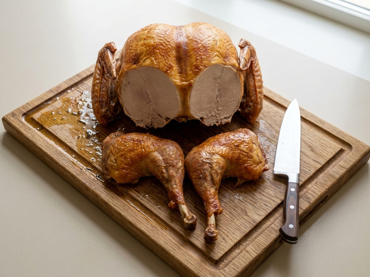 A roast turkey breast side up on a wooden carving board with a juice groove, both legs removed: a pale oval cut patch shows low on the body where each leg came off, the wings are still at its sides, the two whole leg quarters, drumstick and thigh still joined, lie on the board in front, a chef's knife lies beside them and juices have run onto the board; the cut surfaces are pale and fully cooked