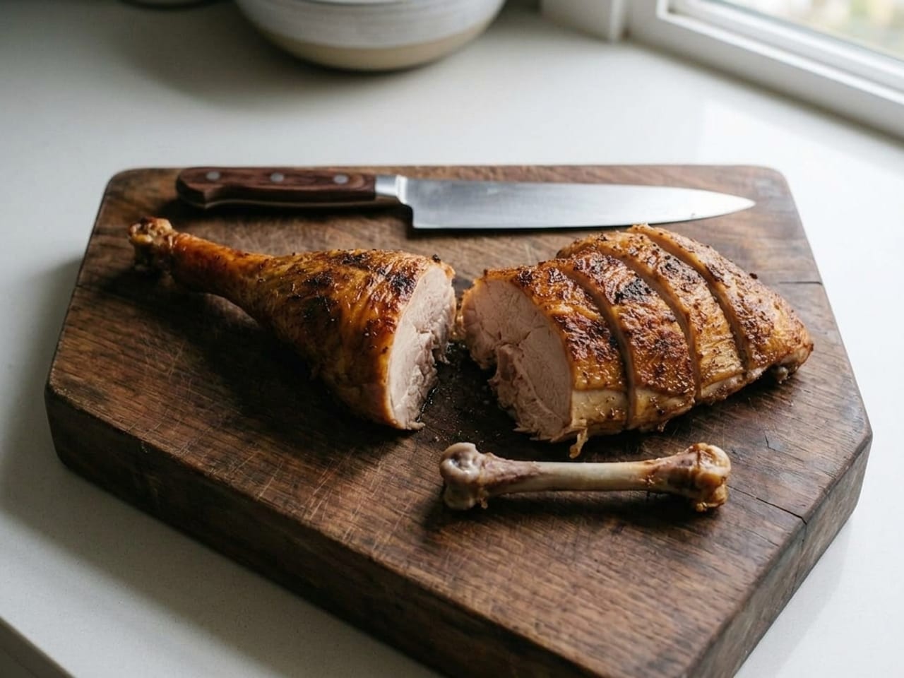 A roast turkey thigh on a dark wooden board, boned and sliced crosswise into thick slices that still lie together with golden skin on each slice, the bare thigh bone lying on the board in front of them and the whole drumstick on the left, the cut faces pale and fully cooked, a chef's knife lying flat on the board above them