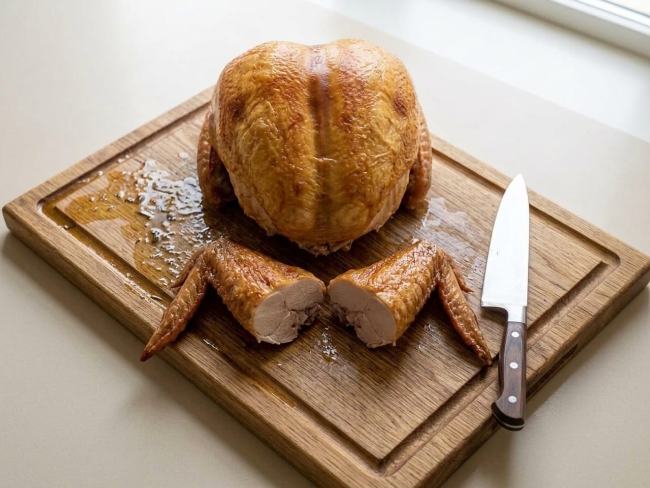The same roast turkey on the same wooden board, now only the double breast on the bone, breast side up with its skin whole: the two whole wings lie on the board in front of it, their pale, fully cooked cut ends toward each other, the legs are gone from the board, and the chef's knife lies beside the wings