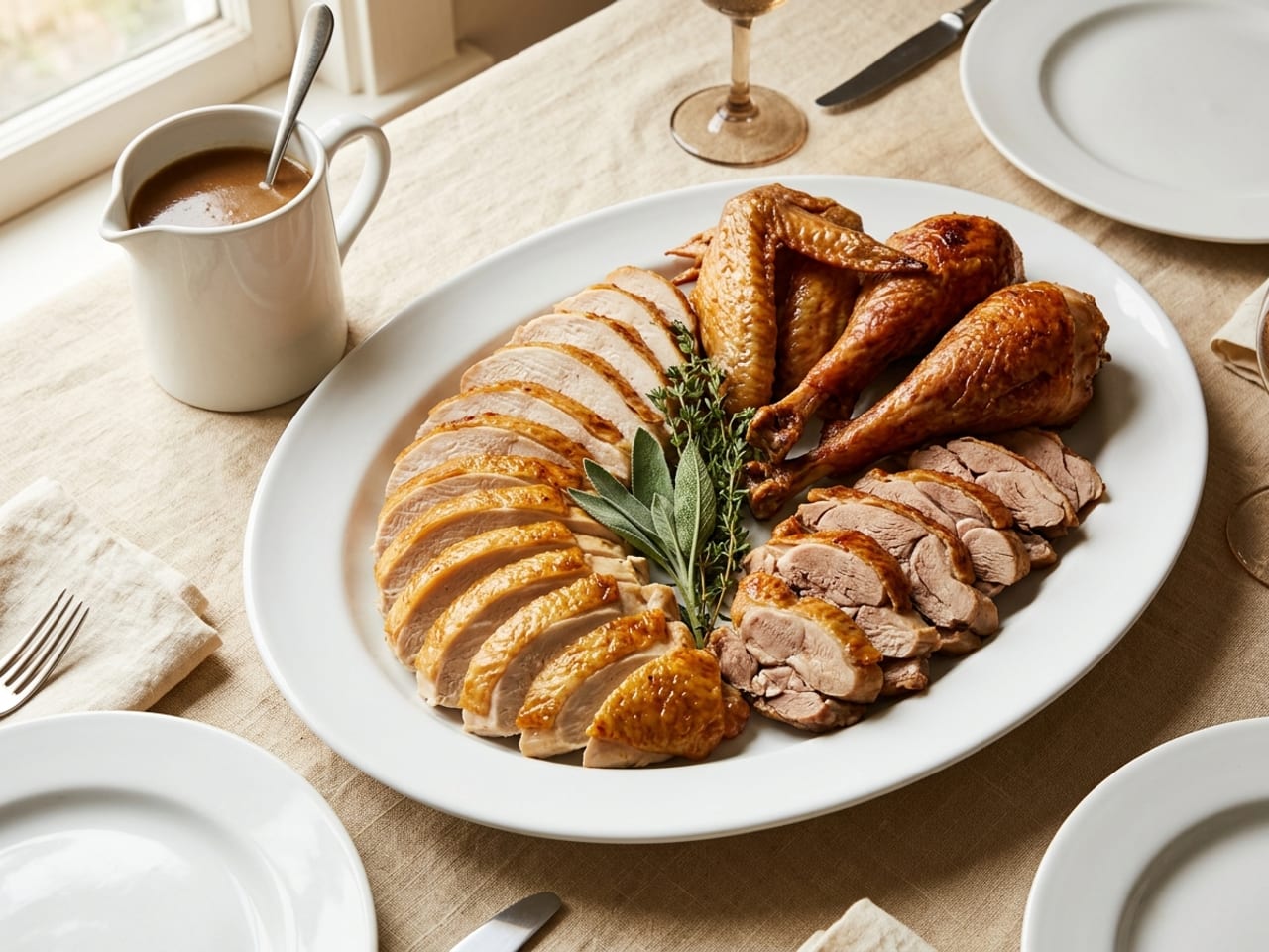 A carved roast turkey on a large white oval platter on a linen-covered table: slices of breast with golden skin fanned down one side, a small bunch of sage and thyme in the middle, whole drumsticks, a wing and sliced thigh meat on the other side, a white jug of gravy with a spoon in it beside the platter, and plates, cutlery and napkins at the edges of the frame
