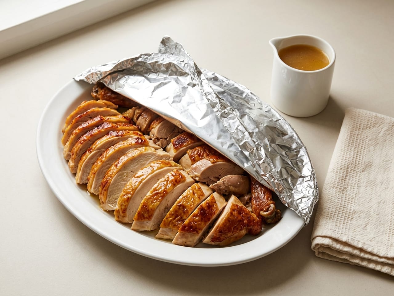 A white oval platter of sliced roast turkey on a kitchen counter, half of it under a sheet of aluminum foil that has been folded back, the uncovered breast slices moist with golden skin, a small white jug of golden broth and a folded cream kitchen towel beside the platter