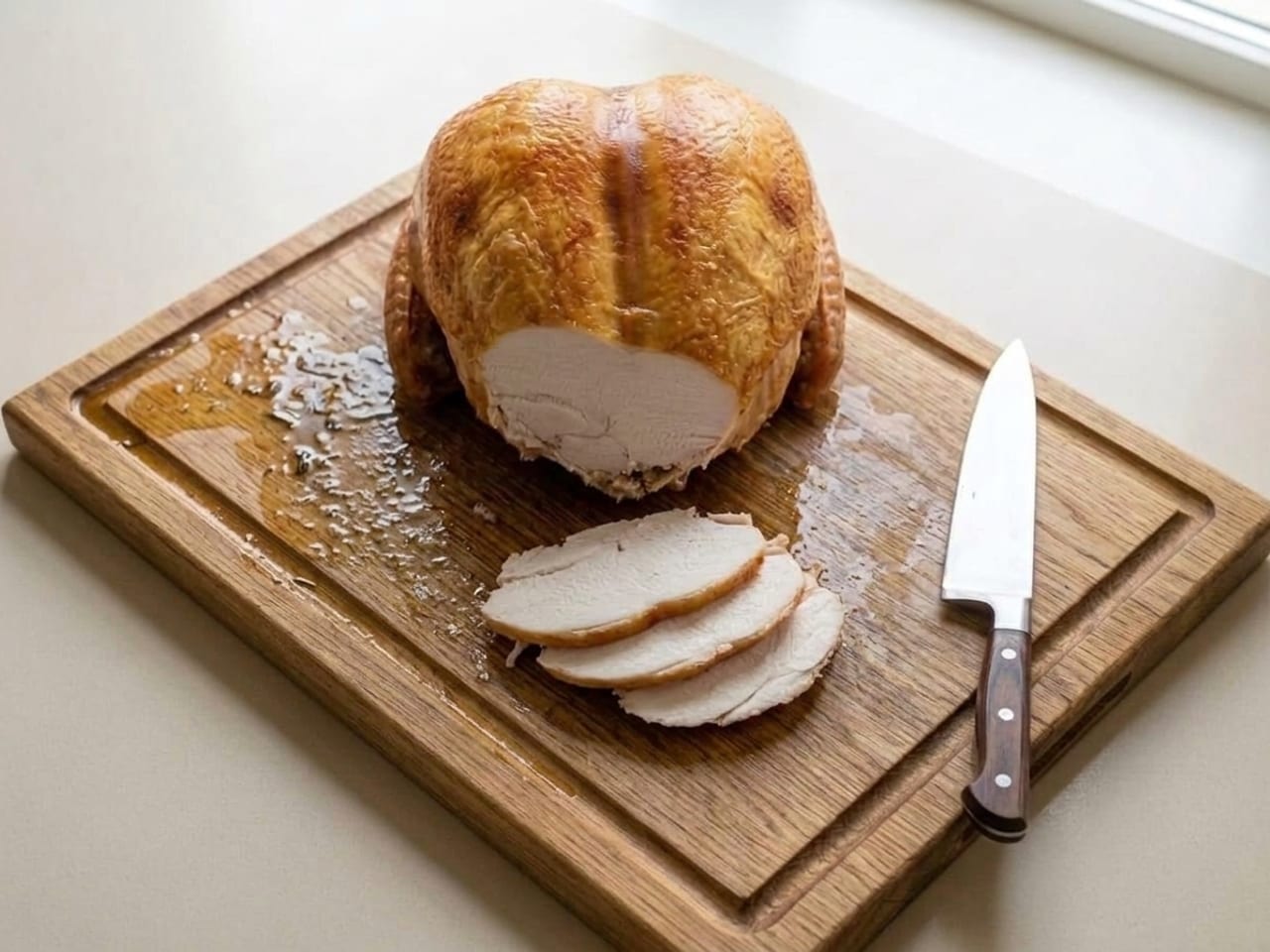 The same roast turkey on the same wooden board, legs and wings removed, with the breast still on the carcass: a flat, pale cut face shows low on its front where slices have been taken, and a few thin slices of breast lie overlapping on the board in front, the cut meat white and fully cooked, the chef's knife lying on the board beside them