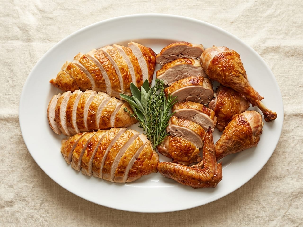 Overhead view of a large plain white oval platter of carved roast turkey on cream linen: on the left, sliced breast with golden skin laid in rows; on the right, sliced thigh meat, whole drumsticks and a wing; a small bunch of sage, thyme and rosemary between the white and the dark meat