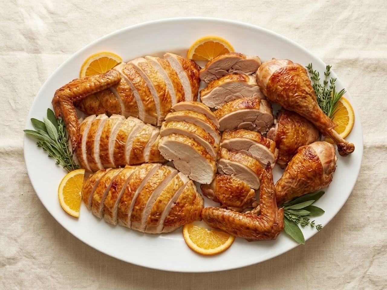 The same white oval platter from above, rearranged: the sliced breast and the sliced thigh as before, with a fan of breast slices across the middle of the platter, whole drumsticks and wings at the sides, and slices of orange and small bundles of sage and thyme tucked in around the edge