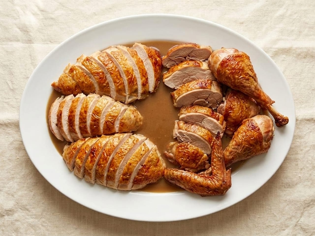 The same white oval platter from above with smooth brown gravy pooled across its base between the white meat and the dark: sliced breast on one side, sliced thigh, whole drumsticks and a wing on the other, the skin above the gravy, no herbs