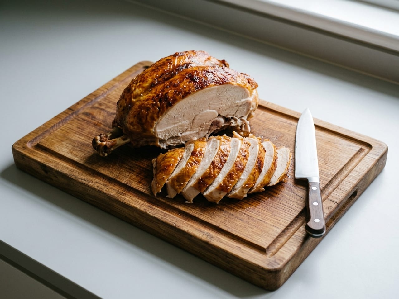 A roast turkey crown, the whole breast on the bone with no legs, on a wooden board: one side has been sliced and the slices lie on the board in front of it with golden skin on each, the other side is still whole under its skin, a bone end shows at one end of the crown, a chef's knife lies on the board, and the cut faces are white and fully cooked