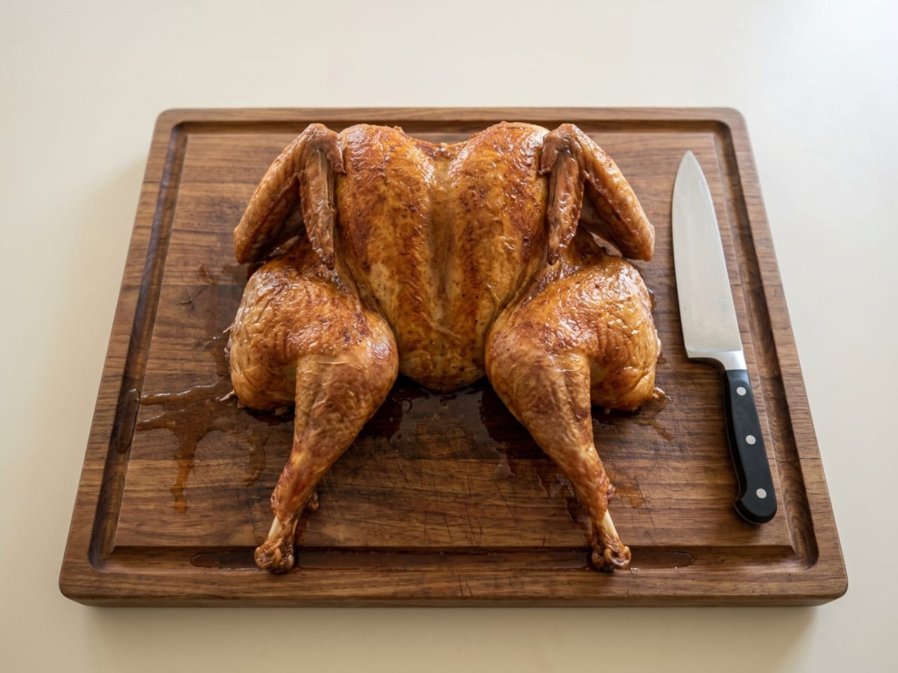 A whole spatchcocked roast turkey, not yet carved, opened out and lying flat, breast side up, on a large wooden board with a juice groove: the legs splay out to the sides, the wings sit at the shoulders, the skin is deep golden all over, a chef's knife lies on the board beside it and juices have run onto the board