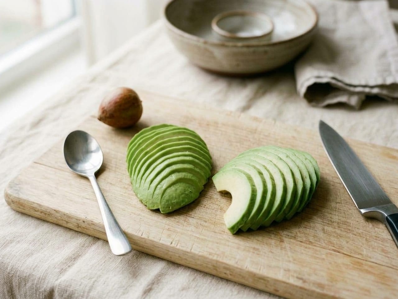 Two peeled avocado halves sliced thinly across and pressed into neat overlapping fans on a wooden board, the seed set to one side