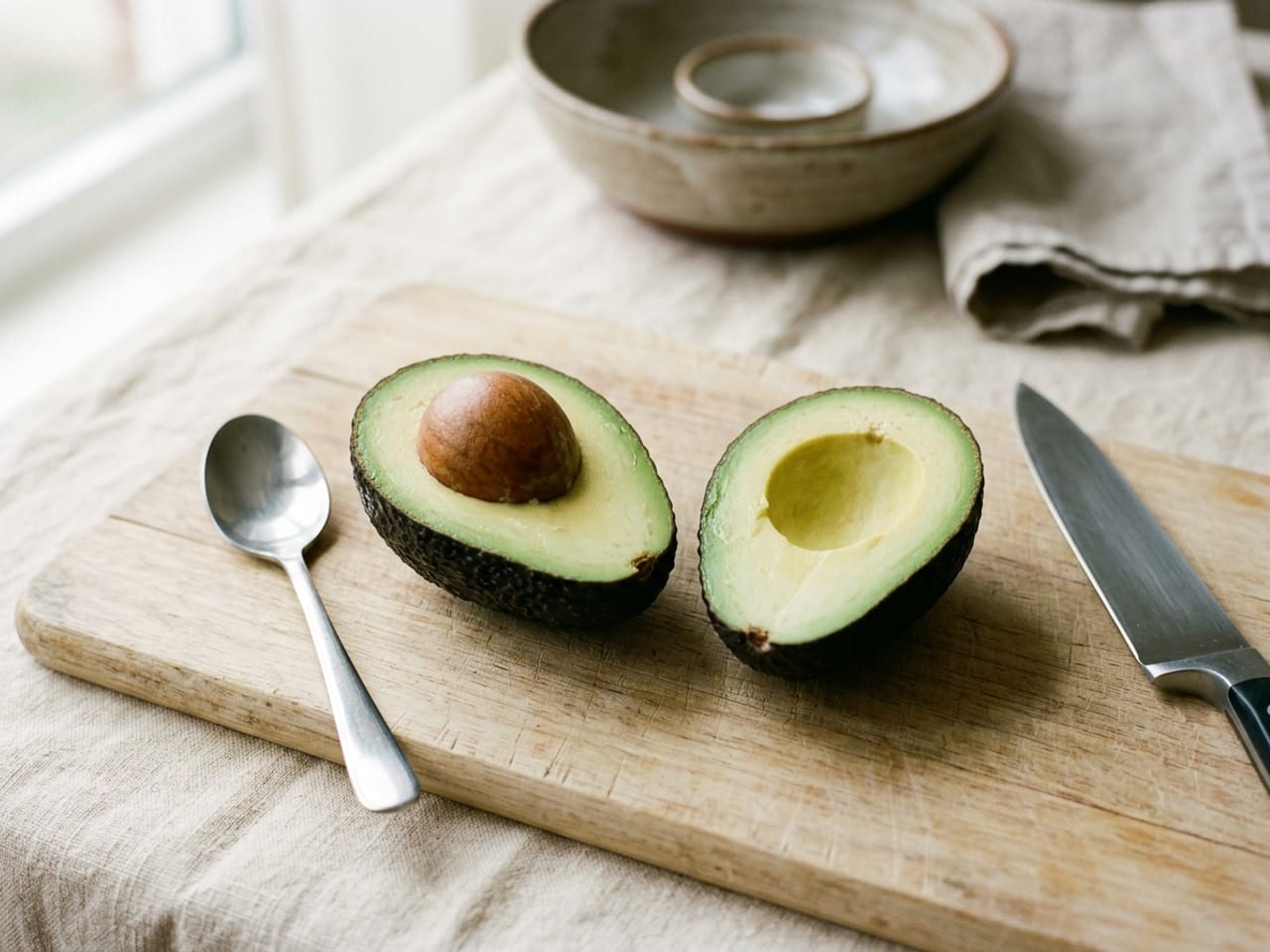 A Hass avocado halved lengthwise on a wooden board, the large brown seed in one half, a tablespoon beside it and a chef's knife lying flat at the edge of the board