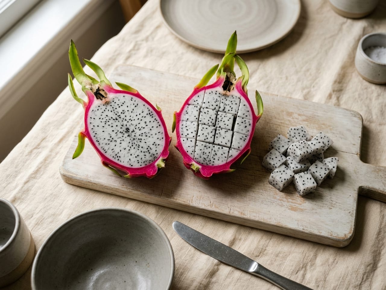A magenta-skinned dragon fruit halved lengthwise on a wooden board, one half showing white flesh with tiny black seeds, the other scored into cubes in the skin, a pile of white cubes beside it