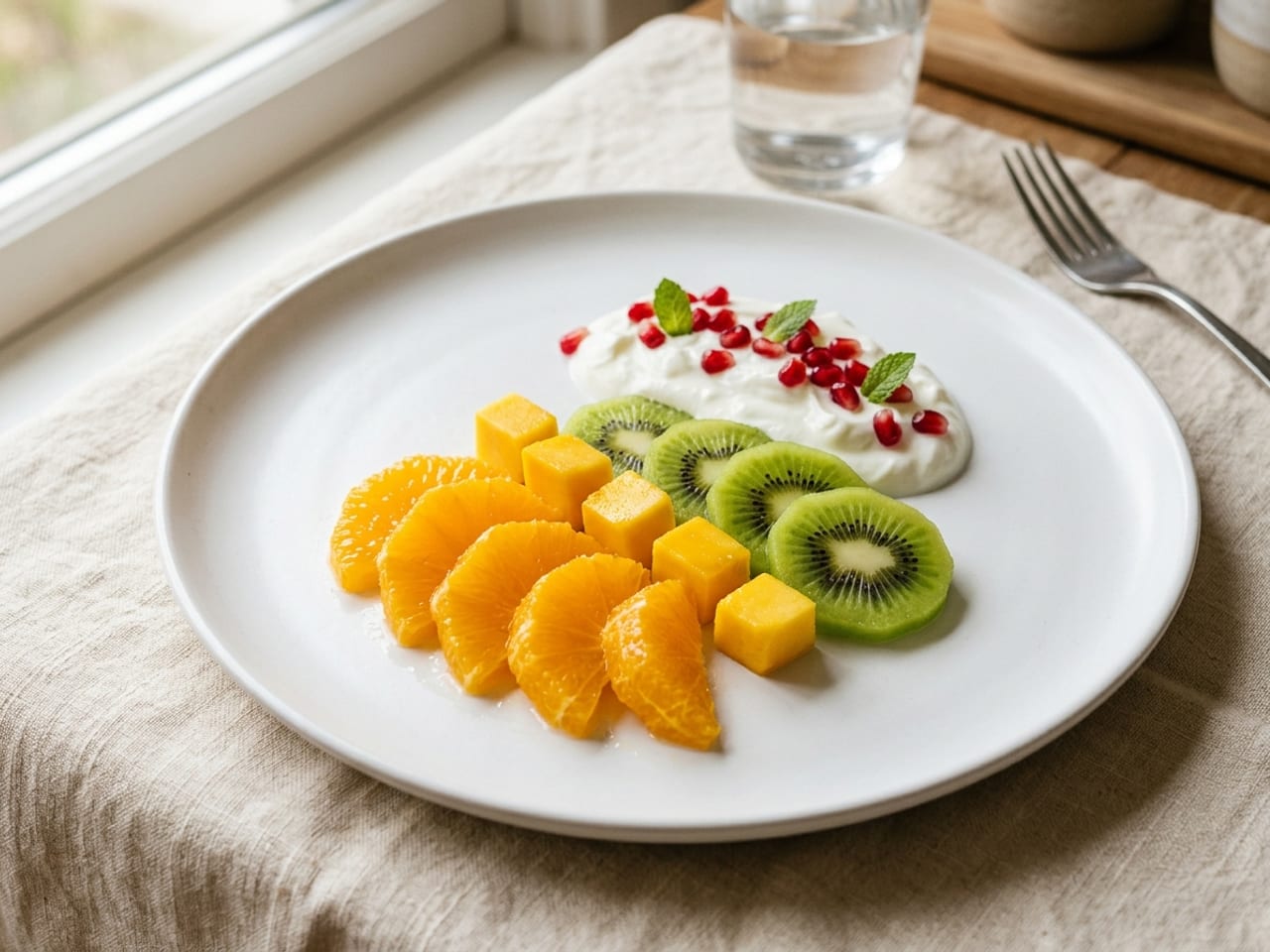 A plated fruit dessert on a wide white plate: a curved row of orange suprêmes, a few mango cubes, overlapping kiwi rounds and a spoonful of yogurt with pomegranate seeds and two tiny mint leaves, plenty of empty plate around it