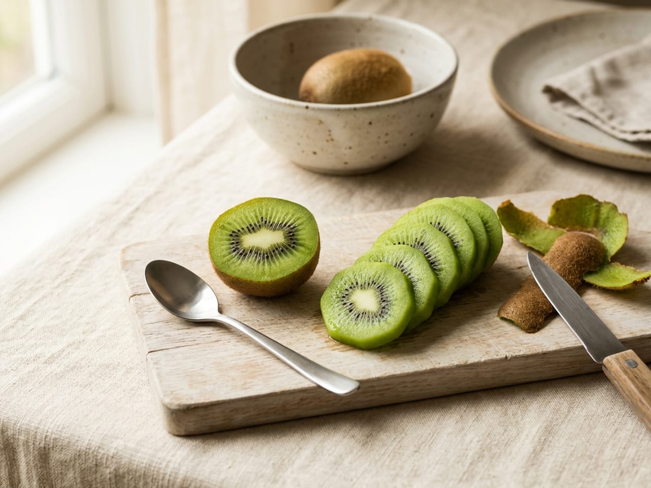 A kiwi halved across showing bright green flesh and a ring of black seeds with a teaspoon beside it, and a peeled kiwi cut into overlapping rounds on a small wooden board