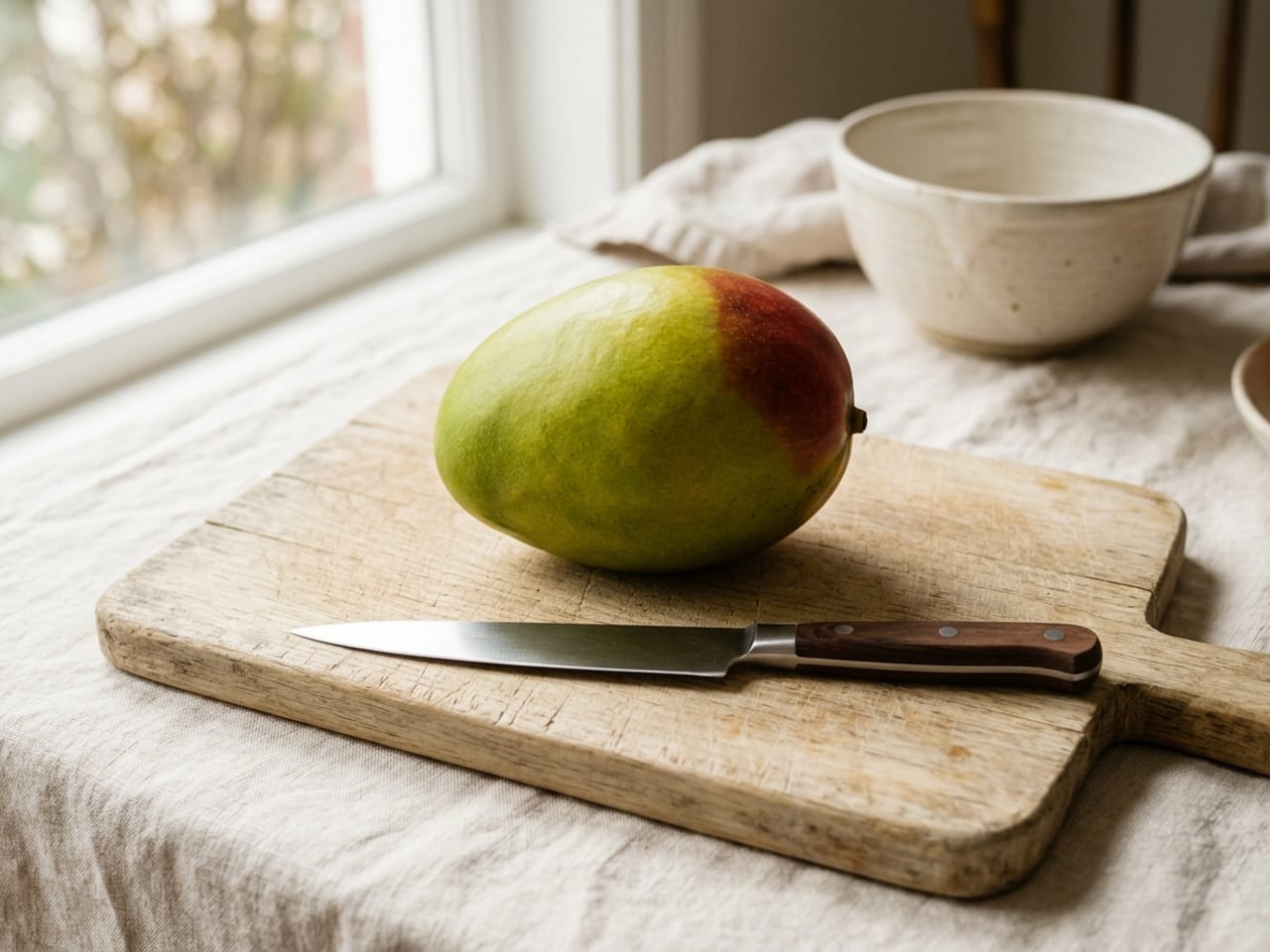 A whole ripe mango, green and yellow with a red blush, on a pale wooden cutting board with a chef's knife beside it