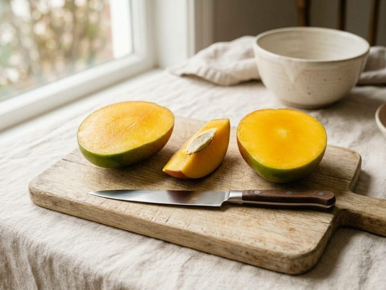 The same mango cut into three: two cheeks lying cut side up showing golden-orange flesh, and the narrow center slice with the flat seed between them