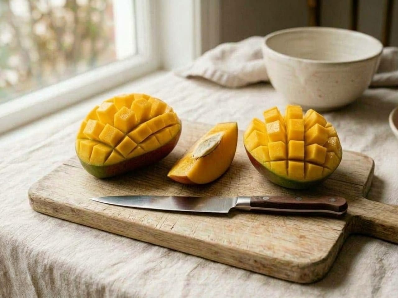 Both mango cheeks turned inside out into hedgehogs, golden cubes of flesh standing apart on the domed skin, the seed slice still on the board