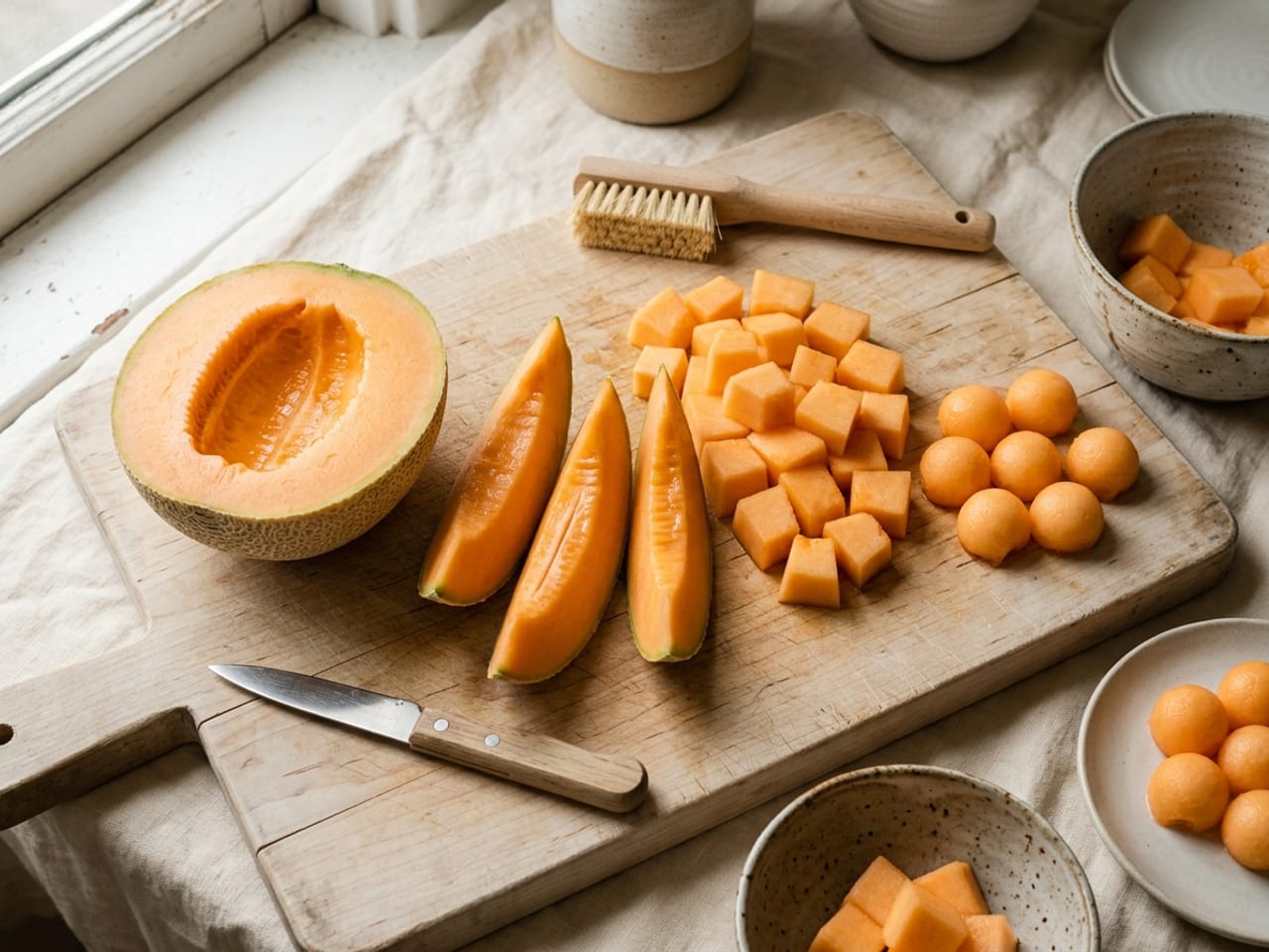A cantaloupe cut on a wooden board: one seeded half showing orange flesh, rindless wedges, a pile of orange cubes and a few melon balls, with a vegetable brush at the back
