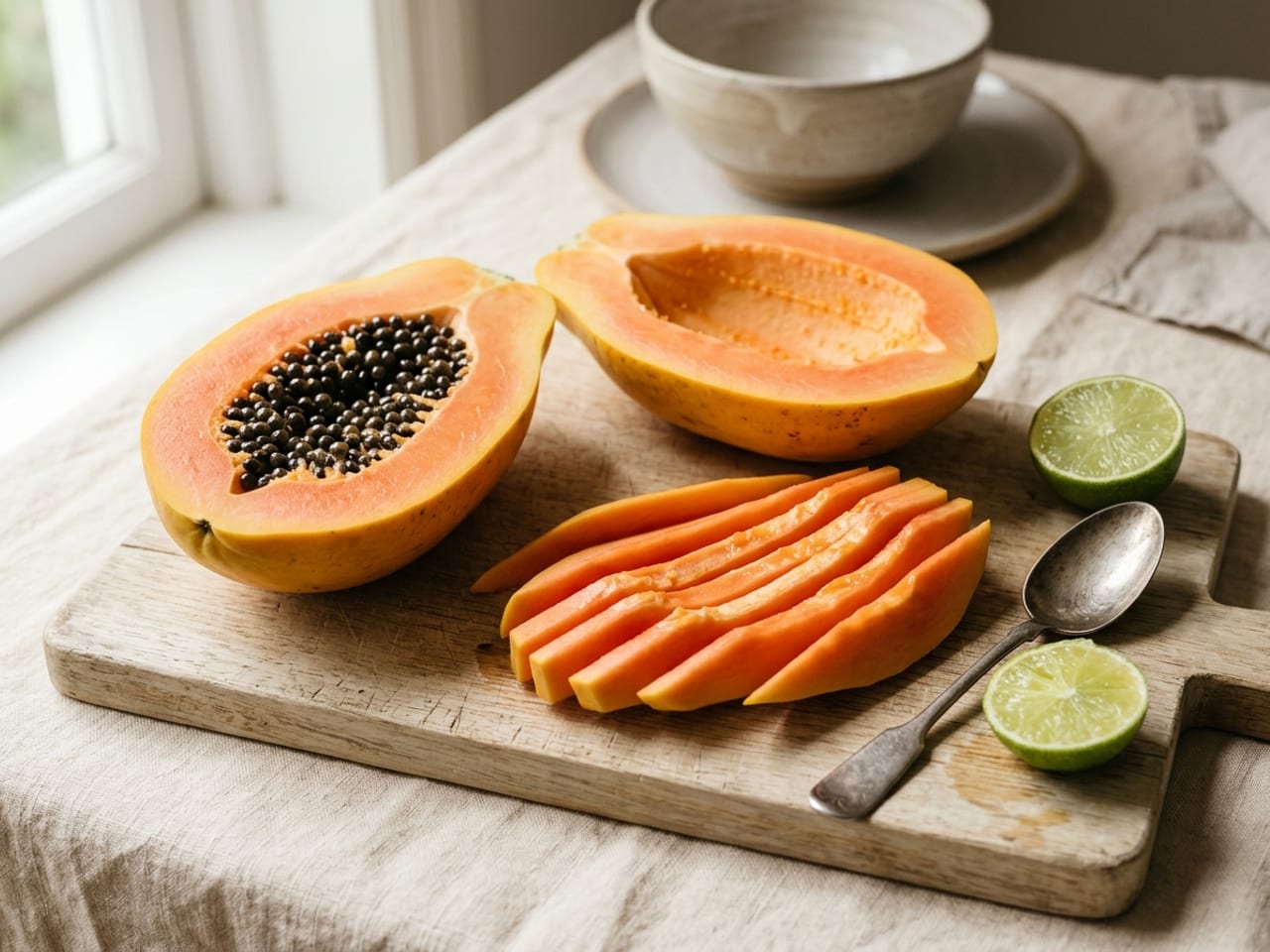 A papaya halved lengthwise on a wooden board, one half holding its cluster of glossy black seeds, the other scooped clean with its salmon-orange flesh sliced beside it