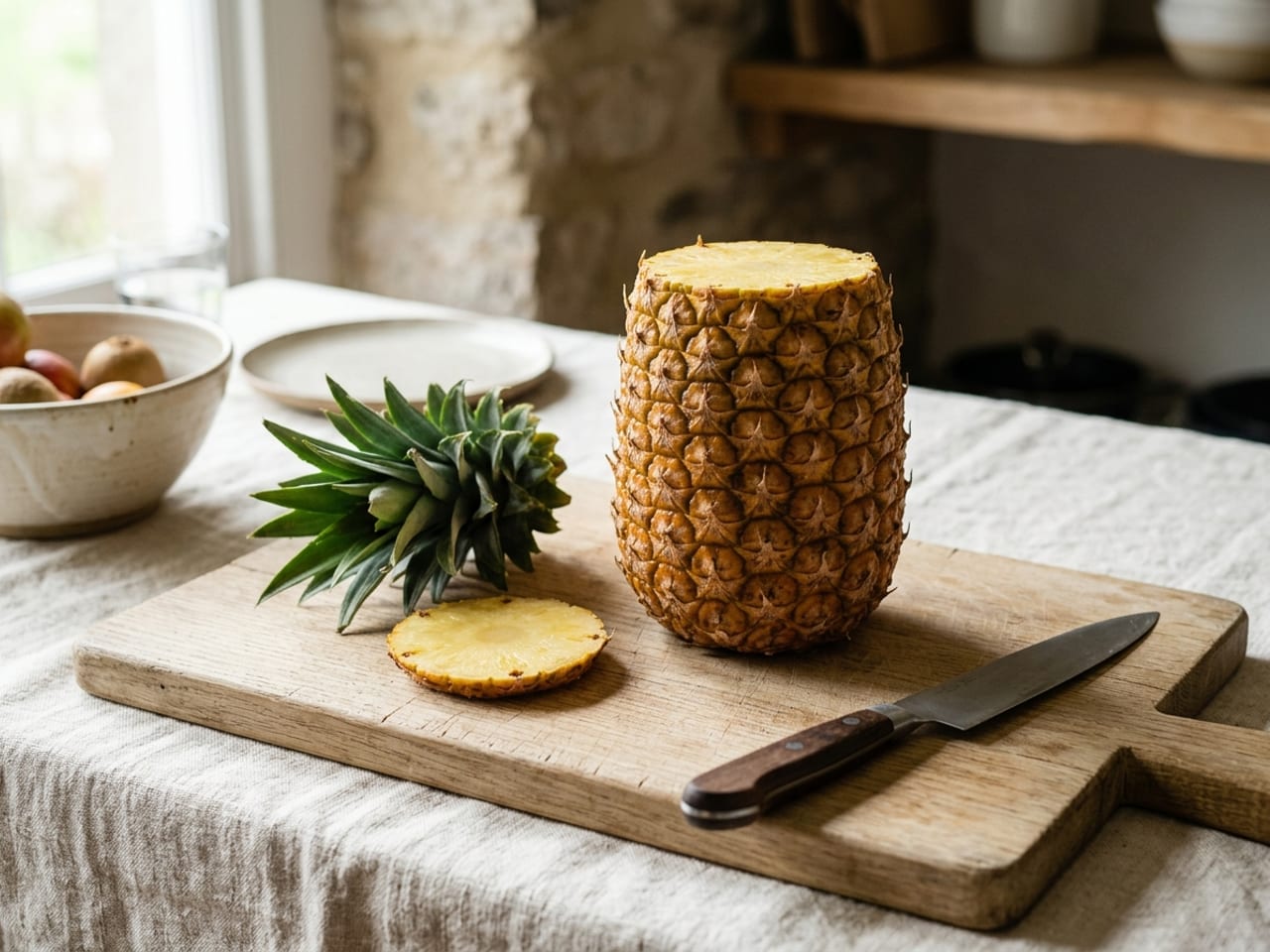 A whole pineapple with its leafy crown and base cut off, standing upright on a large wooden board, the crown and base slice beside it and a chef's knife in front