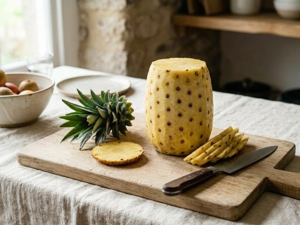 The same pineapple with its skin pared away in thin strips, pale golden flesh dotted with rows of small brown eyes in diagonal lines, the peel strips on the board