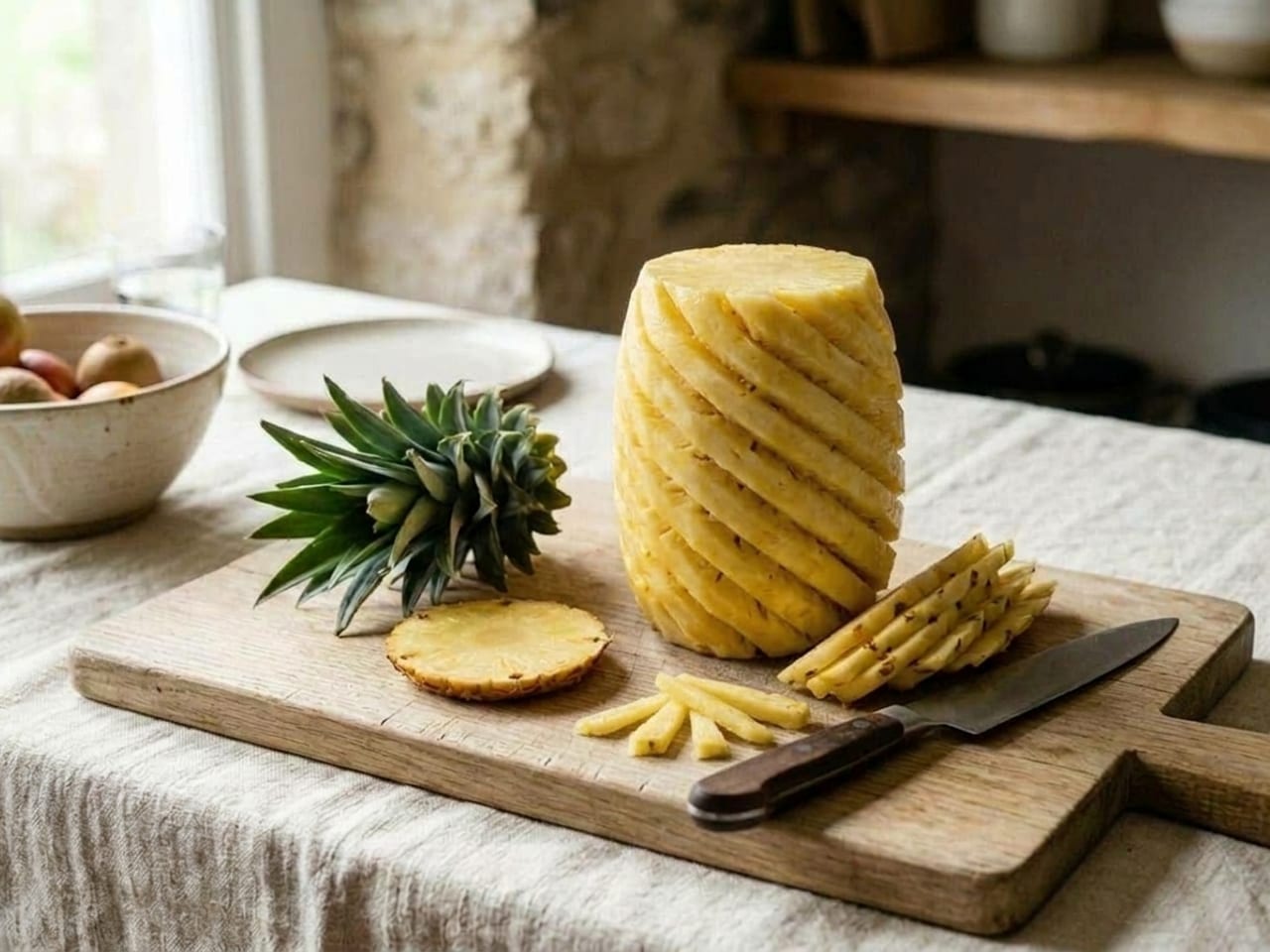 The peeled pineapple with its eyes removed by shallow V-shaped grooves that spiral around the golden fruit, thin strips of cut-out eyes on the board