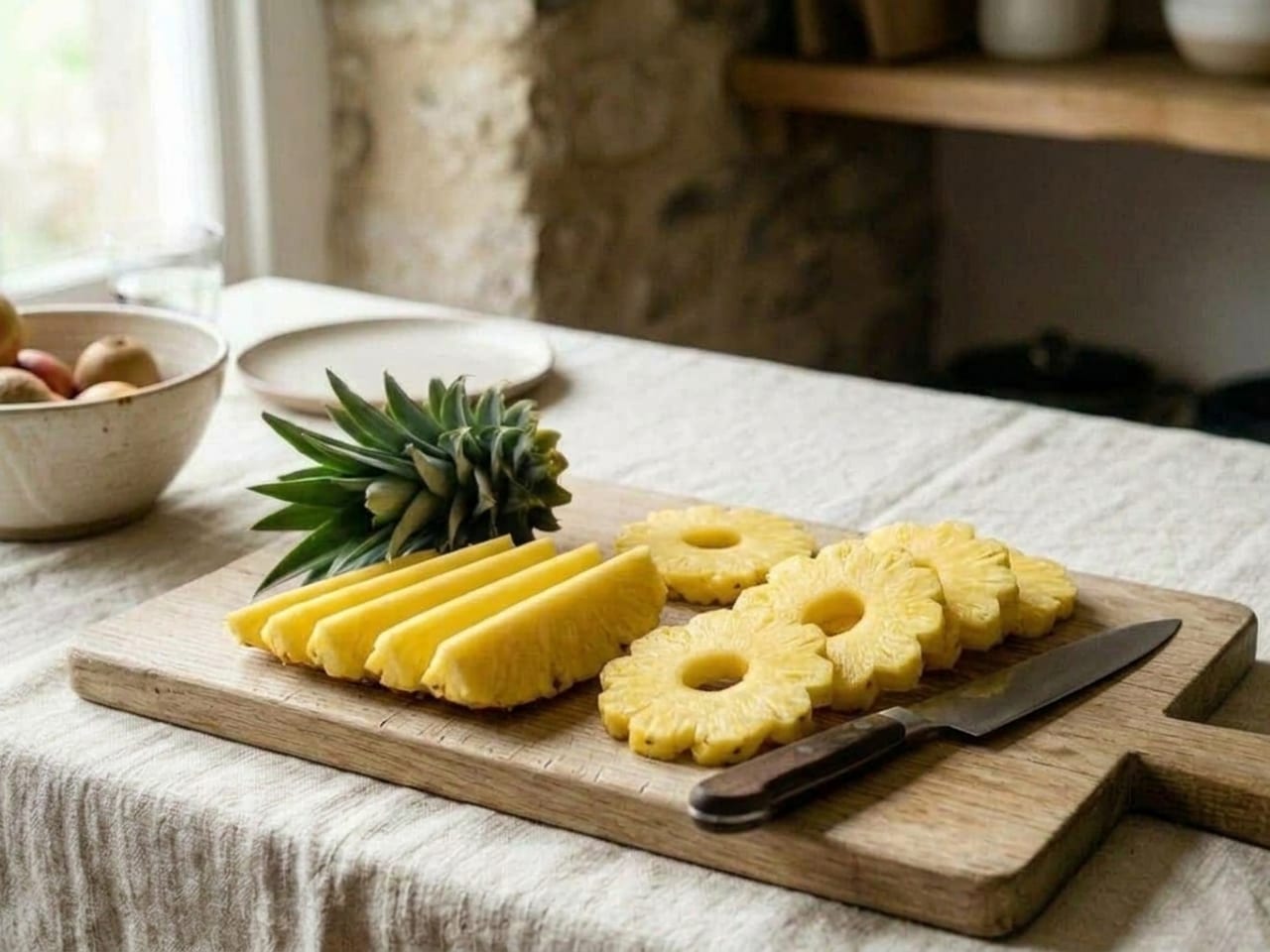 The spiral-cut pineapple cut into long yellow spears with the core trimmed off and a few rings with scalloped edges and the core cut out