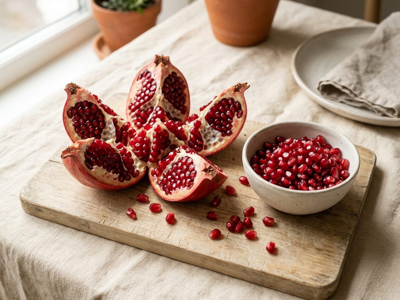A red pomegranate opened into sections along its ridges on a wooden board, glossy red arils packed in white membrane, and a small white bowl of loose arils beside it