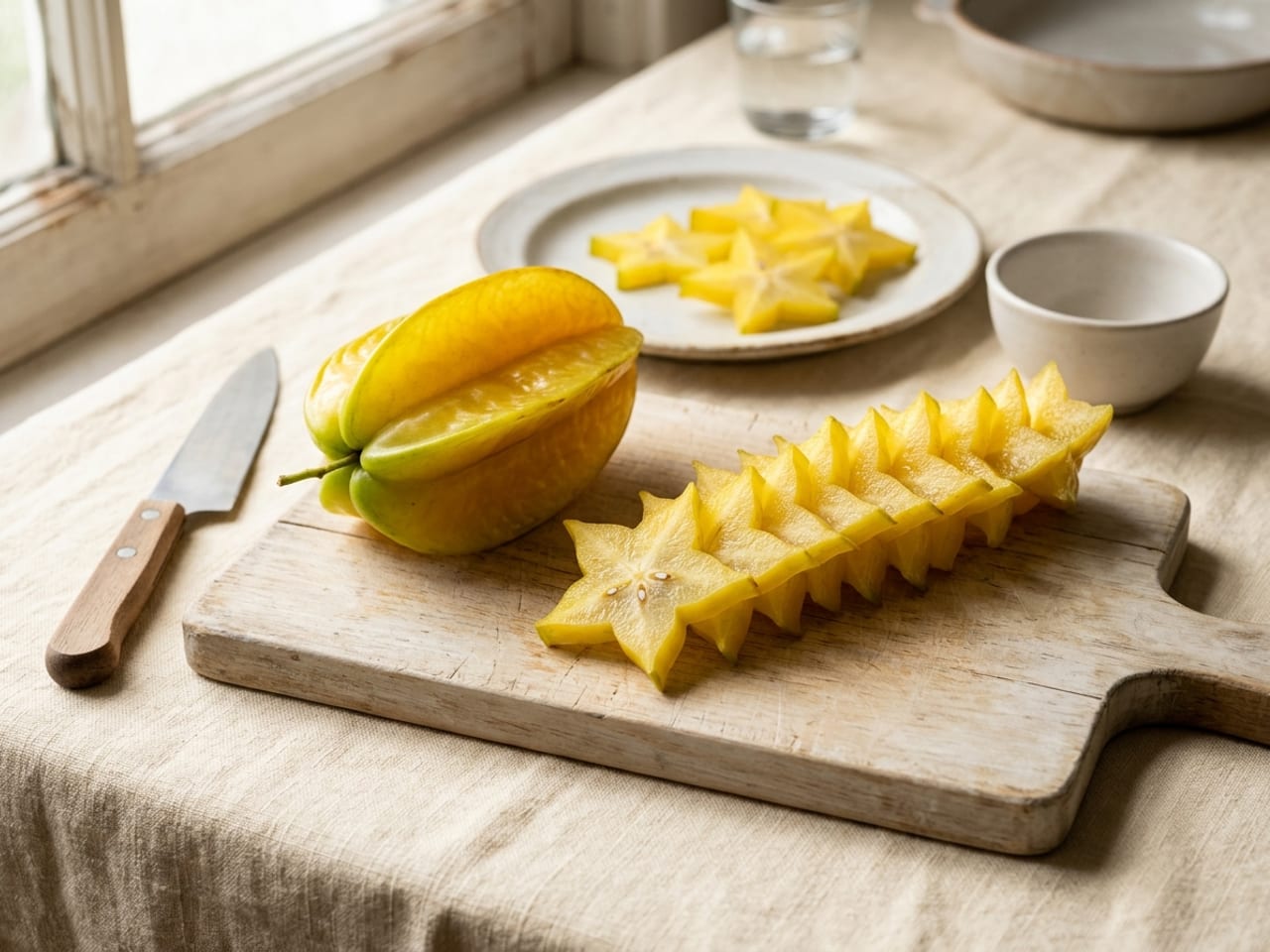 A yellow star fruit on a wooden board, half still whole with its five ribs, half cut across into a row of overlapping five-pointed star slices