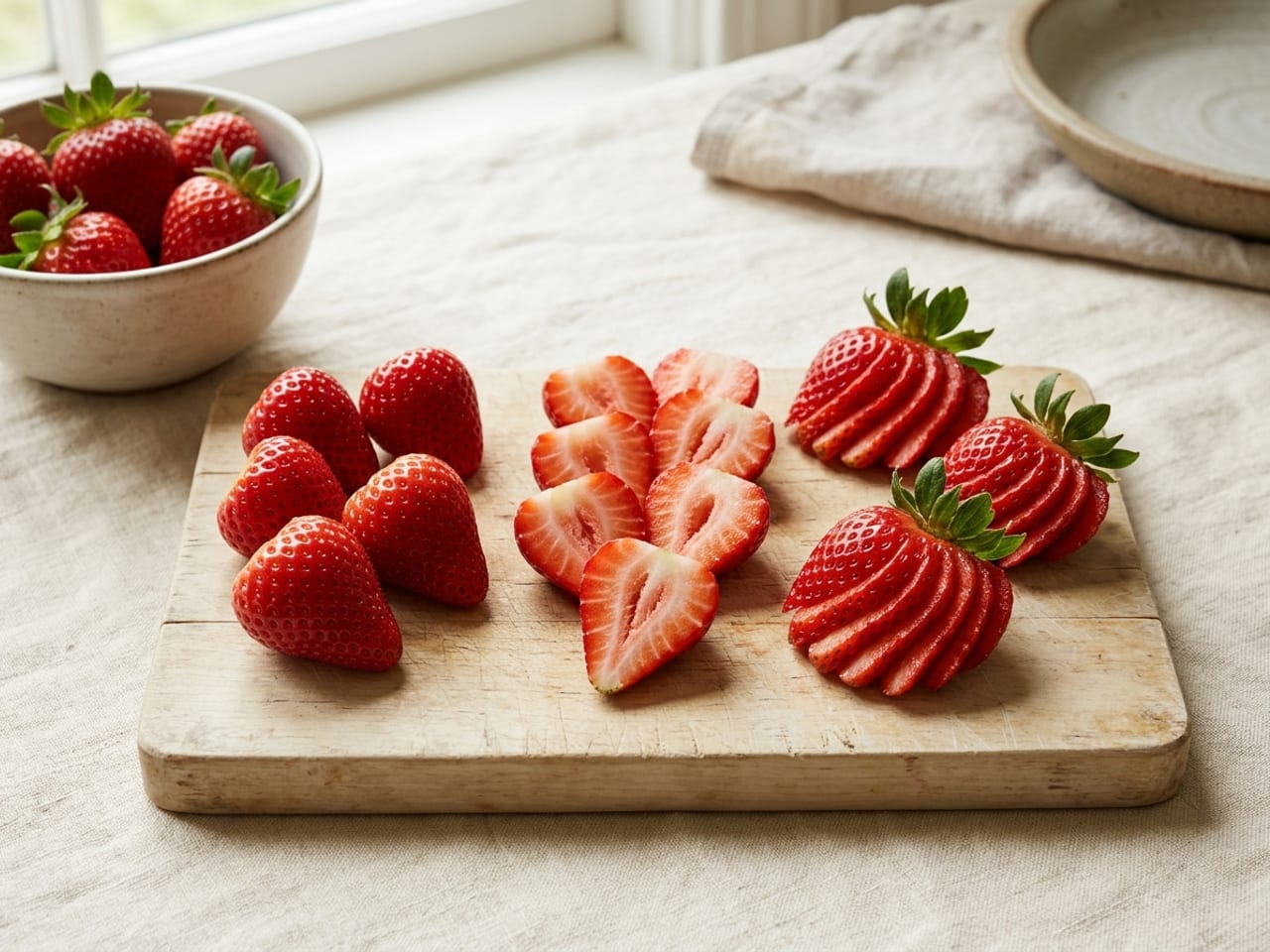 Strawberries on a small wooden board cut three ways: hulled whole berries, a row of halves showing the pale heart, and three strawberry fans