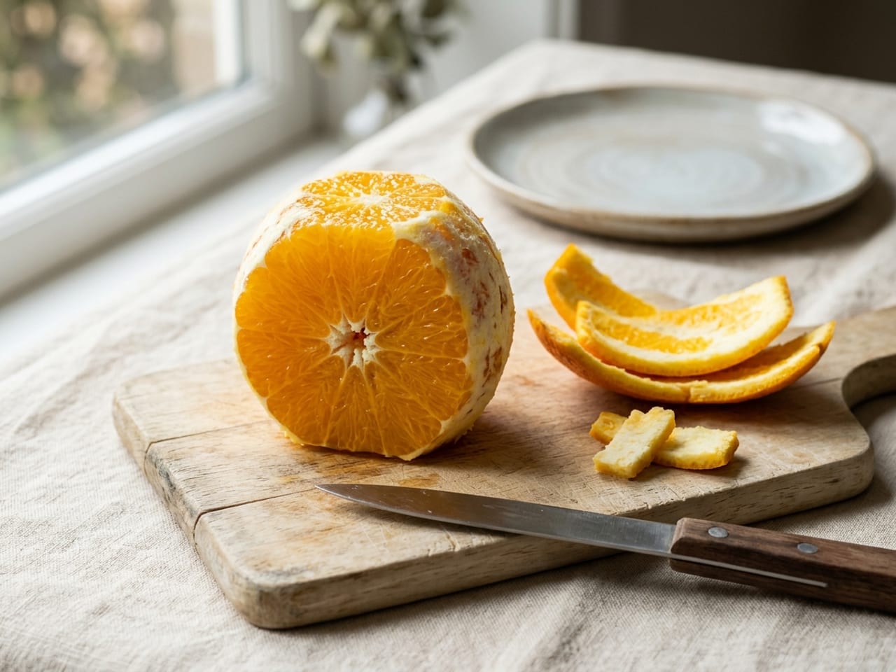 A navel orange with its peel and nearly all of its white pith cut away, a few thin patches of pith left on the sides, standing on a small wooden board with the segment lines visible in the bright flesh and strips of peel beside it