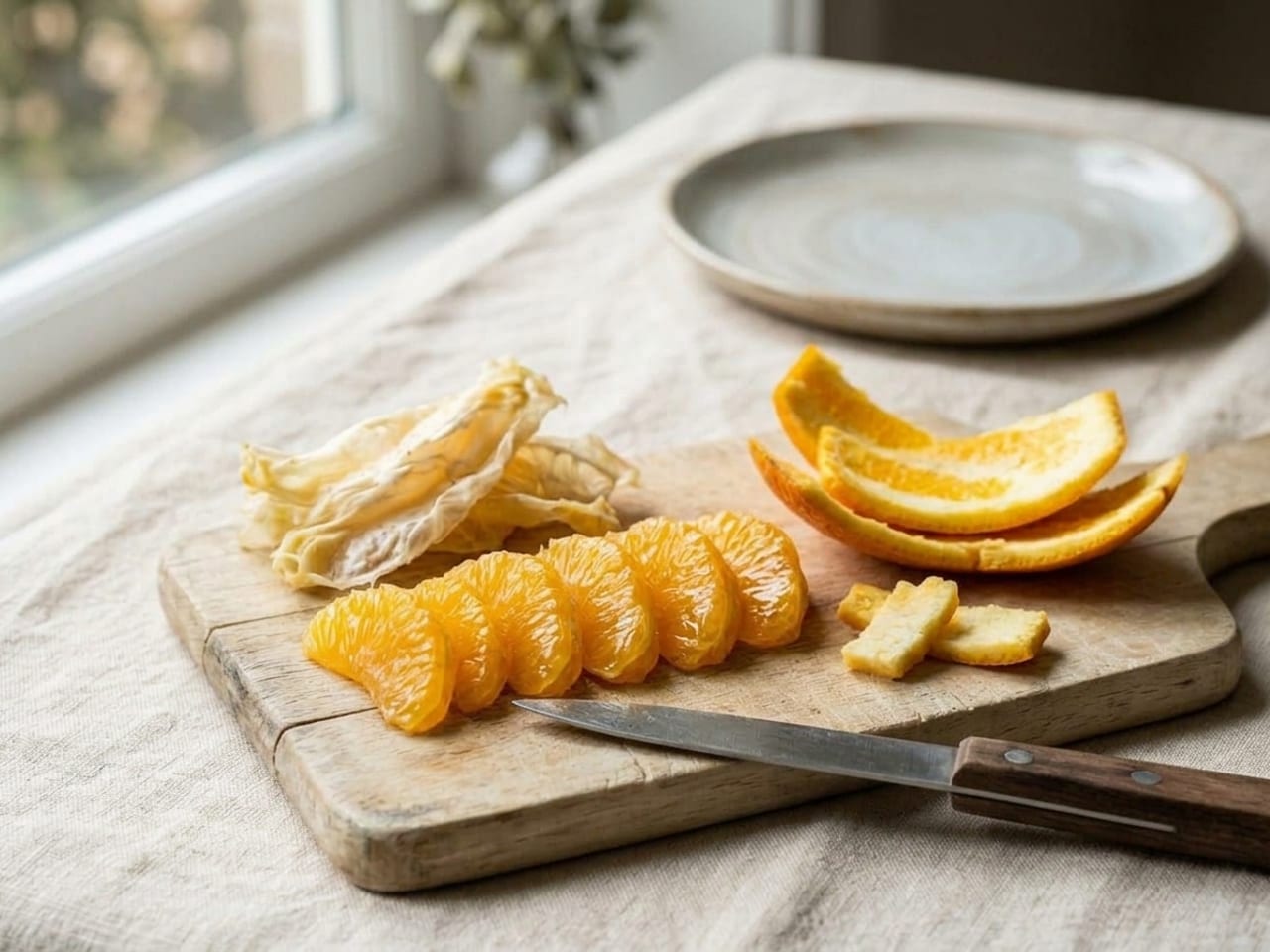 A neat row of glossy orange suprêmes with no membrane on a small wooden board, beside the squeezed-out membrane of the orange and curved strips of peel