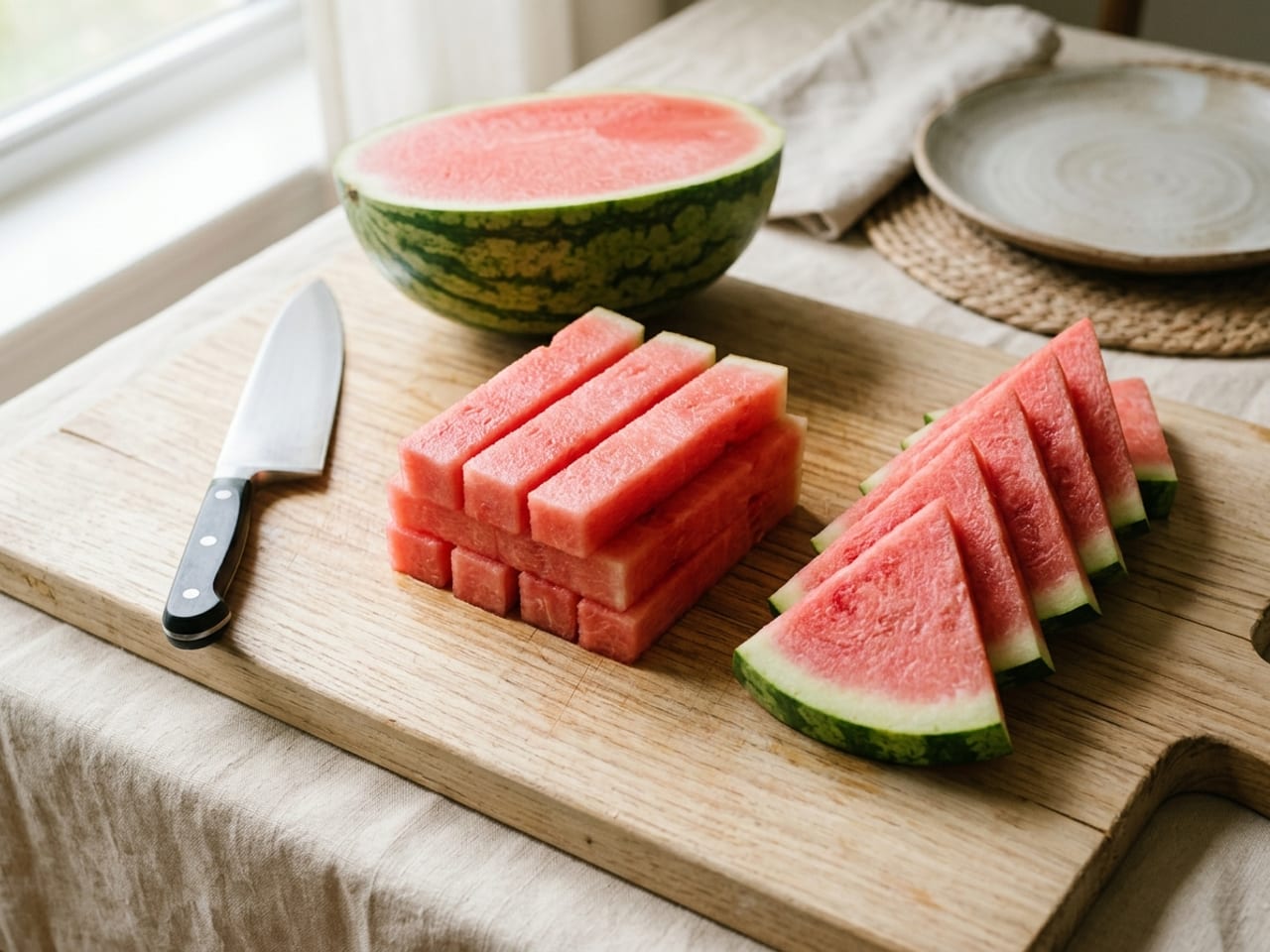 A stack of rindless watermelon sticks and a row of watermelon triangles with a band of green rind on a wooden board, the cut half of the melon behind