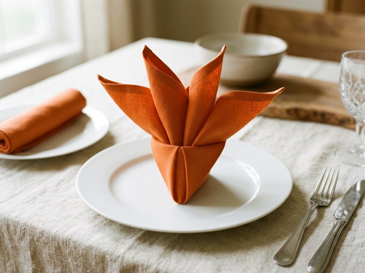 A crisp orange linen napkin folded into a standing bird of paradise with four pointed crest tips fanned upward, standing on a white plate