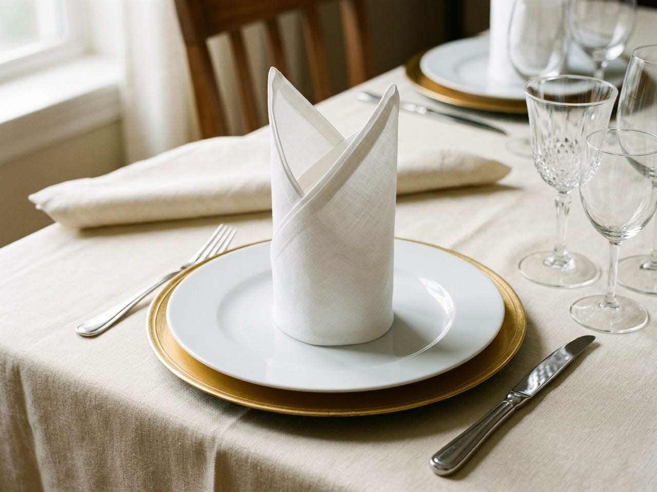A crisp white linen napkin folded into a standing bishop's hat with two peaks, one in front of the other, in the centre of a white plate on a gold-rimmed charger