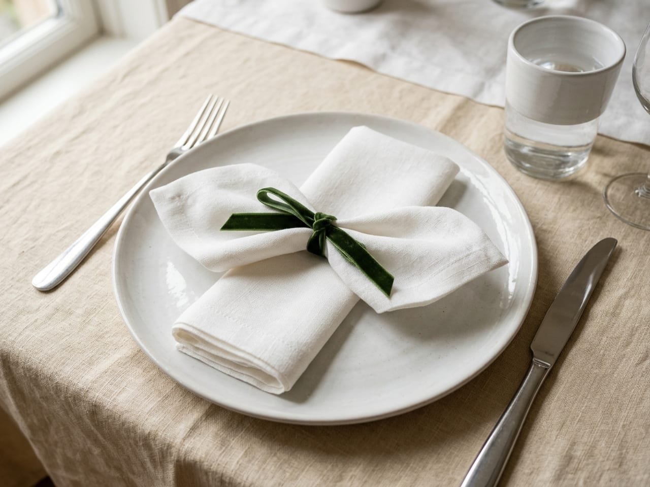 A white linen napkin folded into a bow tie shape, pinched in the middle and tied with a thin dark green velvet ribbon, lying on a white plate