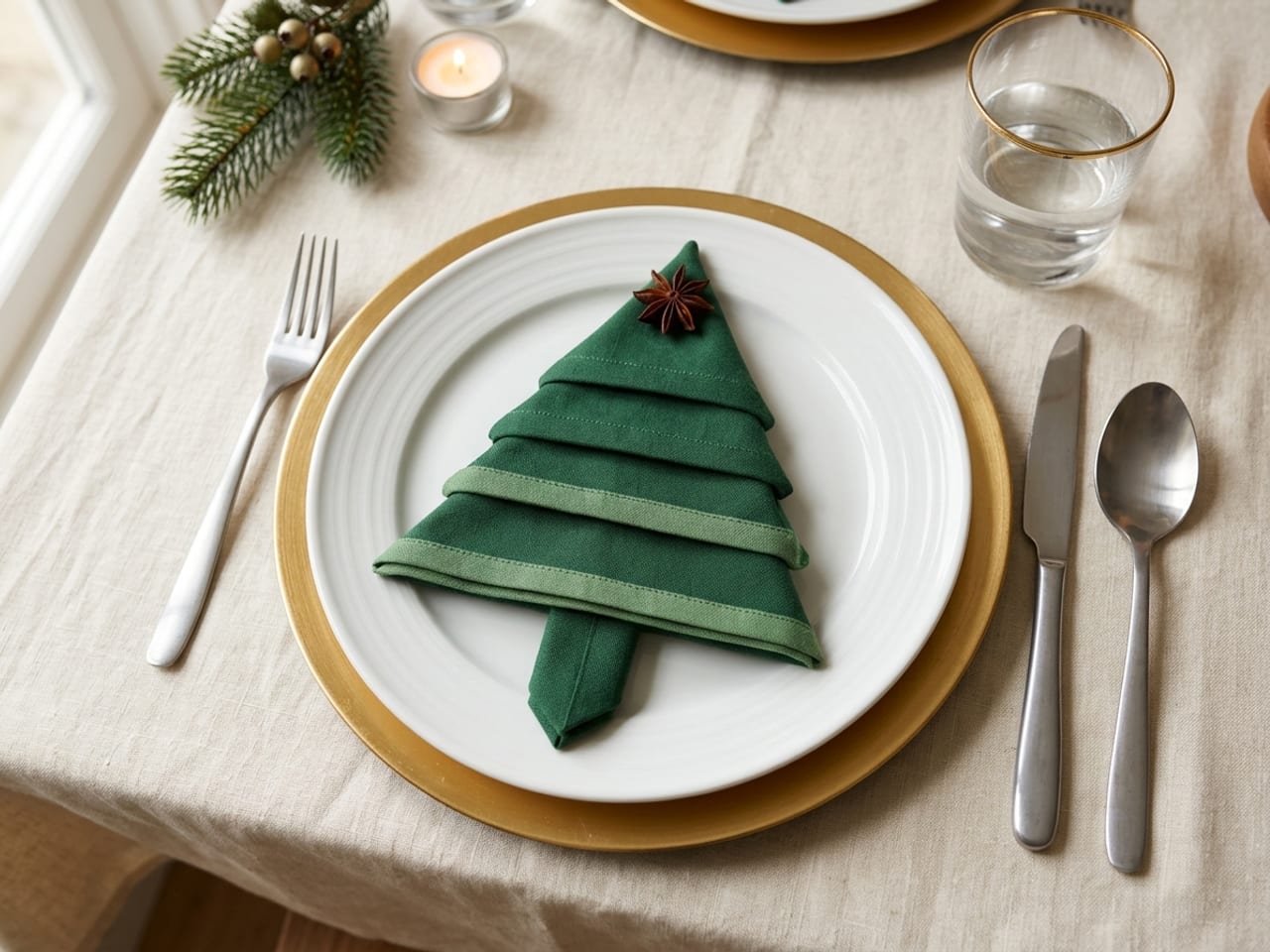 A green cloth napkin folded into a tiered Christmas tree shape with four stacked layers and a pointed base, a single star anise at the top, lying on a white plate on a gold charger