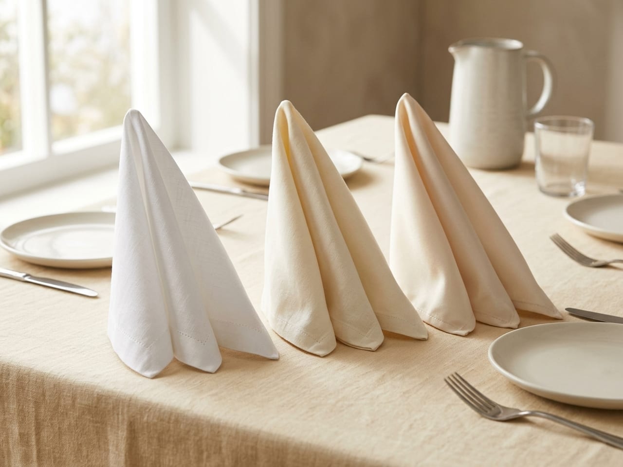 Three cloth napkins folded into the same standing fan side by side on cream linen: a crisp bright white linen one and two softer ivory ones, all three standing