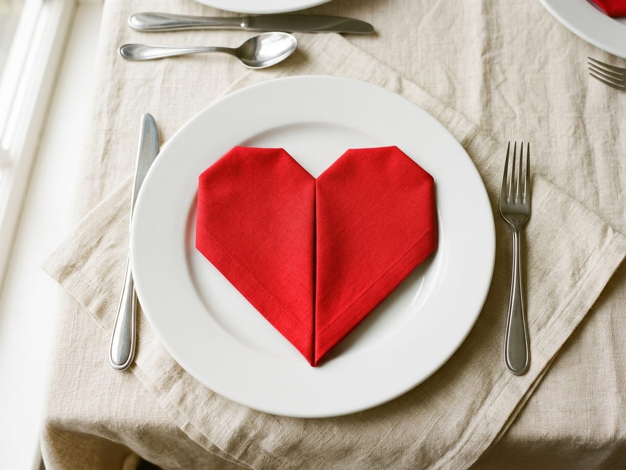 A red cloth napkin folded flat into a heart shape with rounded lobes and a pointed base, lying in the centre of a white dinner plate