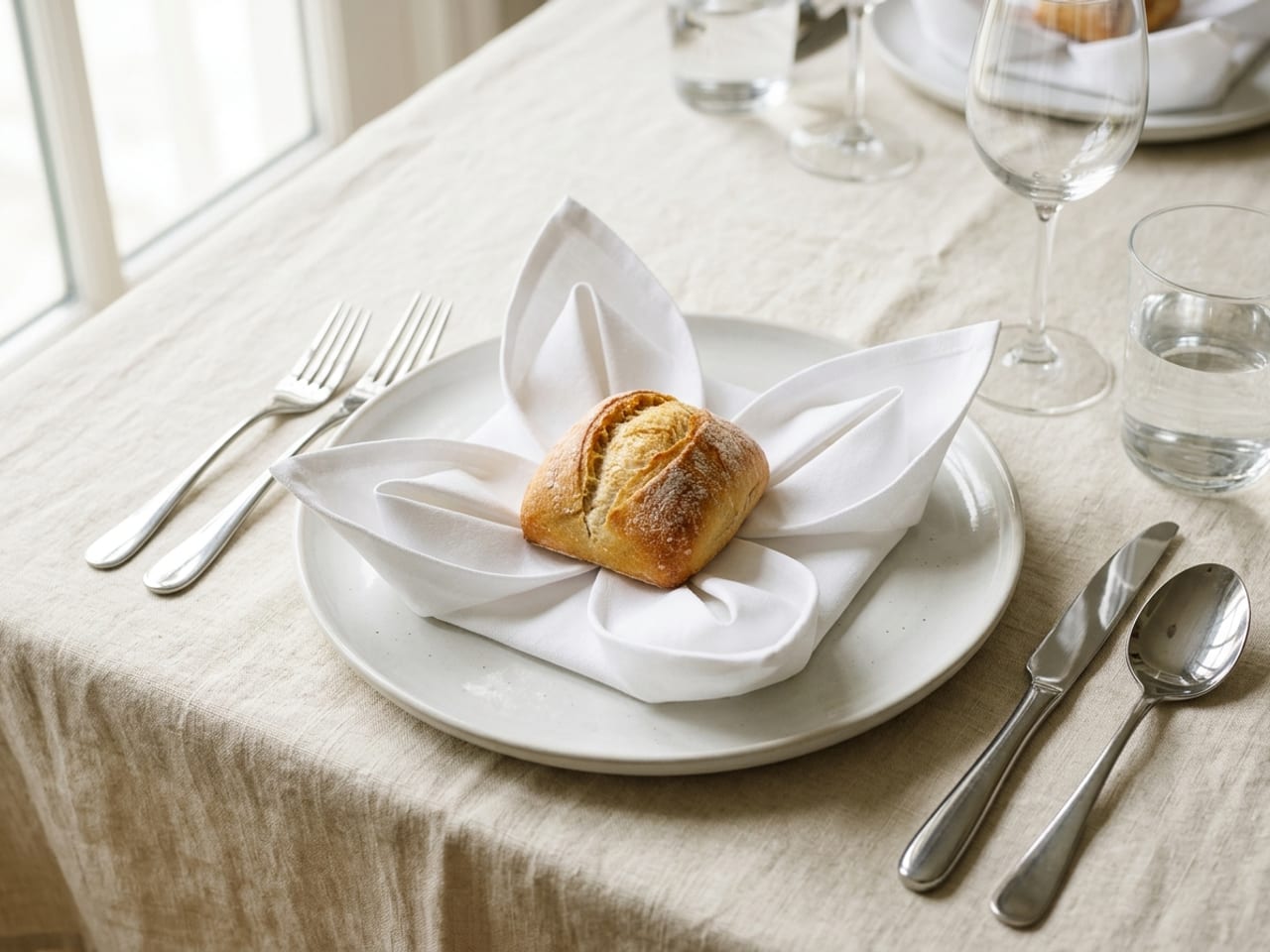 A white cloth napkin folded into a lotus, its pointed petals pulled up and out around a small bread roll resting in the middle, on a white plate
